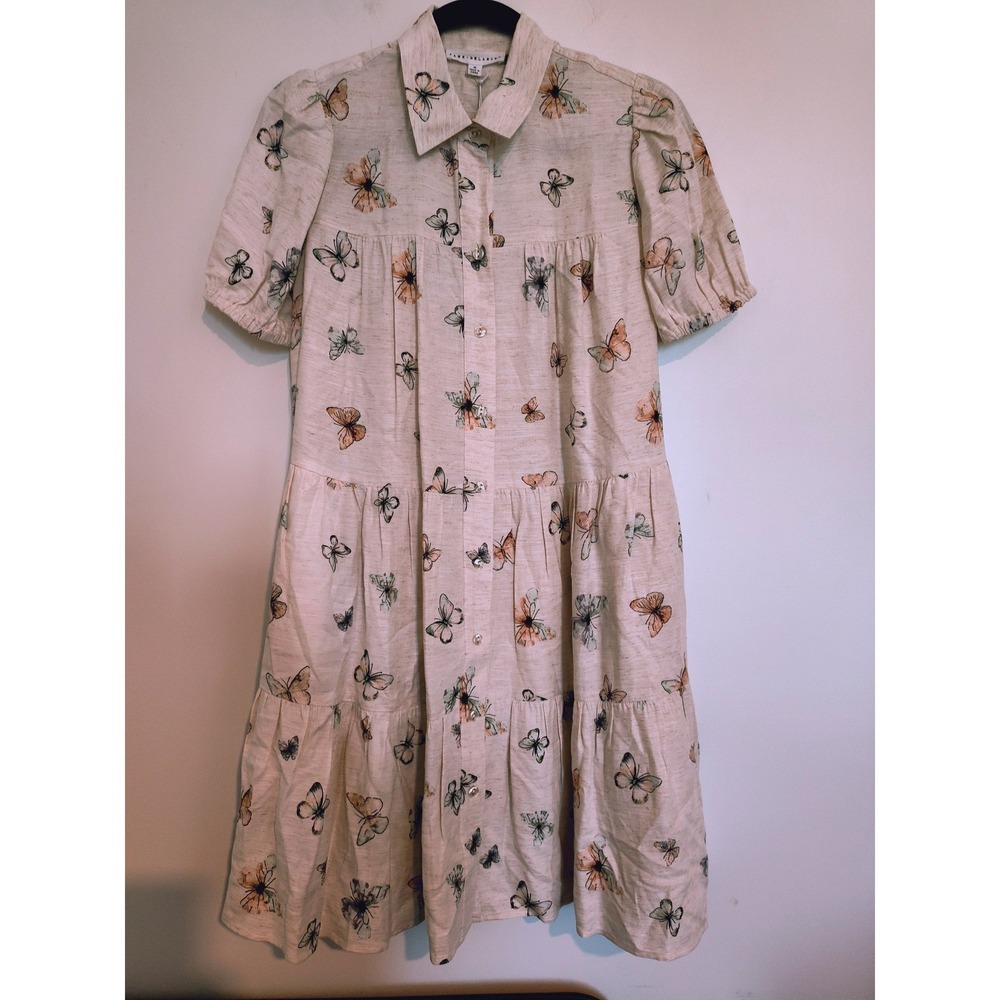 Jane + Delancey Butterfly Print Tiered Shirt Dress Linen Blend Cream Womens M
